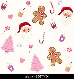 Ein festliches, nahtloses Muster mit bezaubernden Weihnachtselementen: Weihnachtsmann-Gesichter, Lebkuchenmänner, rosafarbene Weihnachtsbäume, Zuckerstangen, Lutscher Stock Vektor