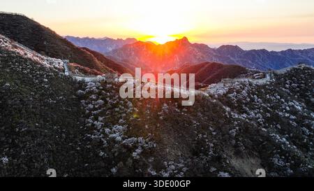 (260104) -- PEKING, 4. Januar 2026 (Xinhua) -- ein Luftdrohnenfoto vom 5. April 2025 zeigt einen Blick auf den Mutianyu-Abschnitt der Chinesischen Mauer bei Sonnenaufgang in Peking, der Hauptstadt Chinas. (Xinhua/Chen Yehua) Stockfoto