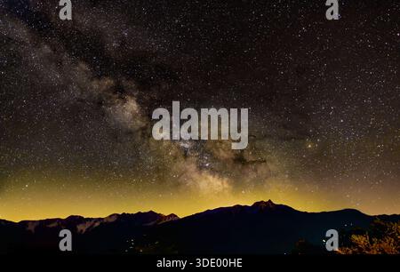 Milchstraße über dem Südgebirgsrücken der Penniner Alpen, Südrhone-Tal, Wallis, Schweiz Stockfoto