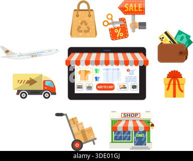 Konzepte für Online-Internet-Technologie und -Shopping. Mann hält Tablette in der Hand und kauft. Isolierte Vektordarstellung. Stock Vektor