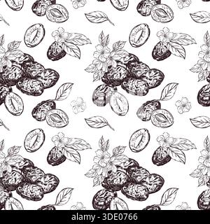Nahtloses Vektormuster. Pflaume und Pflaume nahtloses Muster mit Blüte und Blatt. Handgezeichnete botanische Illustration für Stoffdesign, Lebensmittelverpackung oder Stock Vektor