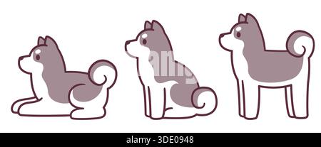 Niedlicher Cartoon-Husky sitzend, liegend und stehend, Profilansicht. Trainingsbefehle im Sitzen, Sitzen, Stehen. Einfache Hundezeichnung, isolierter Vektor-Illustrationssatz Stock Vektor