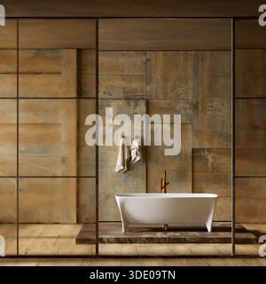 Ein modernes, konzeptionelles Badezimmer mit einer weißen freistehenden Badewanne, minimalen Handtuchdetails und Trennwänden aus Glas, mit warmer Beleuchtung, die einen Stockfoto