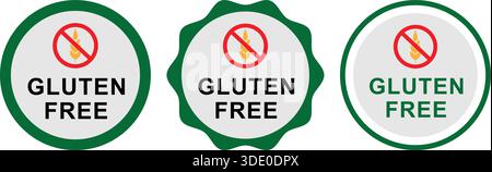 Glutenfreie Lebensmitteletiketten mit gekreuztem Weizensymbol in kreisförmigen Abzeichen Stock Vektor