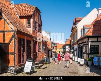 Leute schlendern entlang der Kopfsteinpflasterstraße Adelgade in der Altstadt von Ebeltoft, Jütland, Dänemark Stockfoto