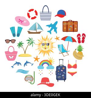 Sommerkonzept in Form eines Kreises. Flache Symbole isoliert Stock Vektor