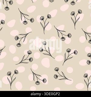 Nahtloses Blumenmuster mit handgezeichneten Linien-Kunst-Blumen und rosafarbenen organischen abstrakten Formen auf beigem Hintergrund. Stock Vektor