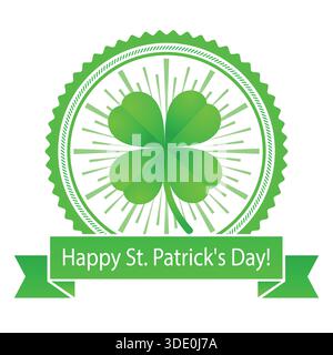 Illustration für Happy St. Patrick's Day. Grüner Kleeblatt im Kreis mit Banner Stock Vektor