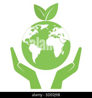 Illustration des Öko-Logos. Menschliche Hände halten die Erdkugel Stock Vektor