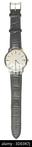Alte gebrauchte analoge Armbanduhr isolierter weißer Hintergrund, silberfarbenes Metallgehäuse und strukturiertes schwarzes Lederarmband, Ansicht von oben Stockfoto