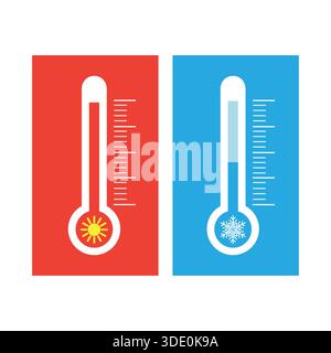 Temperaturmessgeräte. Blaue und rote Thermometer mit dem Bild der Sonne und der Schneeflocken. Stock Vektor