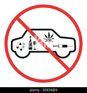 Zeichen verbotener Alkohol und Drogen während des Fahrens Alkohol in rot durchgestrichenem Kreis Stock Vektor