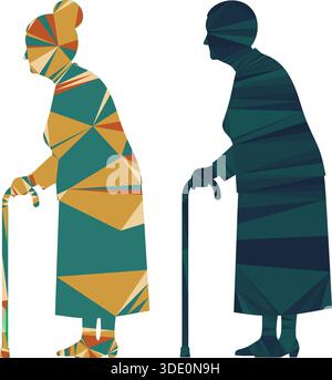 Zwei ältere Menschen gehen mit Stangen isoliert auf weißem Hintergrund Stock Vektor