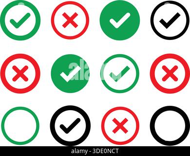 Raster aus Häkchen und Kreuzen in verschiedenen Farben, isoliert auf weißem Hintergrund Stock Vektor