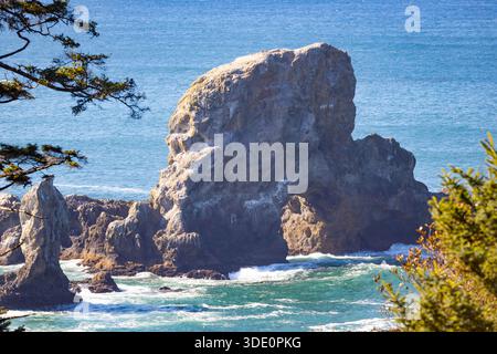 Ein spektakulärer Blick auf die zerklüftete Küstenlandschaft im Ecola State Park mit dramatischen Meeresstapeln, steilen Klippen und dem weiten Pazifik Stockfoto