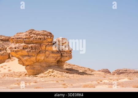 Gesteinsformation in Form eines menschlichen Gesichtsprofils im archäologischen Park Hegra in Saudi-Arabien Stockfoto
