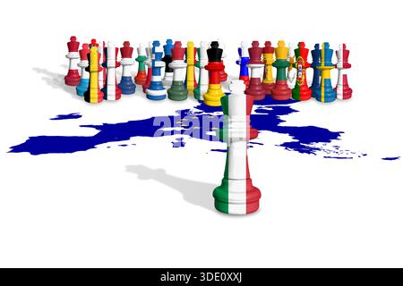 Schach aus EU-Mitgliedstaaten und italienischen Flaggen. Die Europäische Union ist eine politische und wirtschaftliche union mit 27 europäischen Ländern Stockfoto