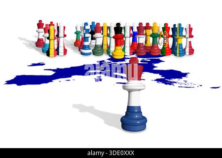 Schach aus EU-Mitgliedstaaten und niederländischen Flaggen. Die Europäische Union ist eine politische und wirtschaftliche union mit 27 europäischen Ländern Stockfoto