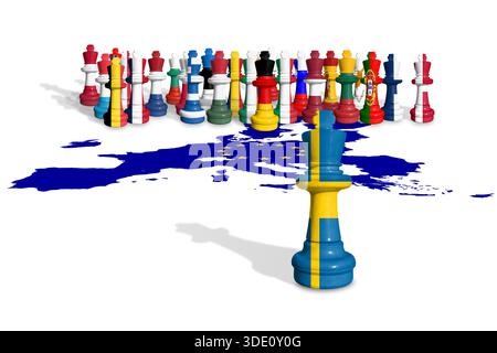 Schach aus EU-Mitgliedstaaten und schwedischen Flaggen. Die Europäische Union ist eine politische und wirtschaftliche union mit 27 europäischen Ländern Stockfoto