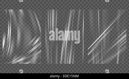 Transparente Folienmodelle aus Vinyl. Transparente Kunststofffolienabdeckung mit Falten. Strukturiertes Overlay Vektor-pvc-Material. Polyethylen- und Cellophanschablone für Stock Vektor