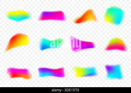 Abstrakte verschwommene Verlaufsformen isoliert auf weißem Hintergrund. Flüssigkeitselemente mit farbigem Netz. Weicher Lichtvektorblock mit Aura-Gradation. Gemischt Stock Vektor
