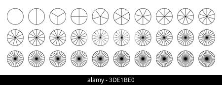 Tortendiagramm. Teile des Diagrammrads von 1 bis 30. Schwarze Grafiken konturieren. Tortendiagramme, Pizzakarten Set. Coaching leer. Segmentierte Diagramme. Sektoren teilen sich Stock Vektor