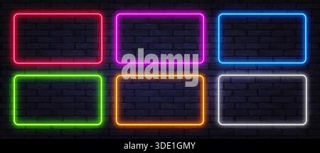 Bunte Neonrechtecke leuchten auf einer dunklen Ziegelwand. Heller moderner Hintergrund in rot, rosa, blau, grün, orange, und weiß perfekt für digitale Kunst Stock Vektor
