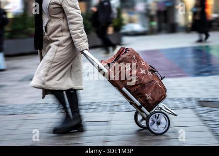 Fußgängerzone, vorbeifahrende Passanten, Einkaufen zwischen Weihnachten und Neujahr, Geschenke austauschen, Einkaufswagen, Einkaufswagen, Einkaufswagen, Einkaufsmöglichkeiten Stockfoto