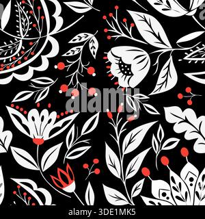 Gotisches Blumenmuster. Vektor Folk Art florales nahtloses Muster. Kleine weiße Blumen, Zweige, Blätter und rote Beeren auf schwarzem Hintergrund. Stock Vektor