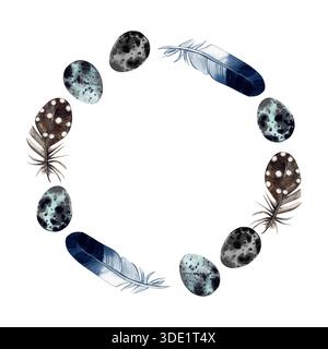 Aquarell Vogel Ei und Federkranz isoliert auf weißem Hintergrund für Osterdekoration und Natur Thema Design Element Stockfoto