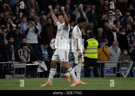 Madrid, Spanien. Januar 2026. Gonzalo Garcia von Real Madrid feiert. Während des EA SPORTS La Liga 2025-2026 Spiel zwischen Real Madrid und Real Betis im Santiago Bernabéu Stadion. Endergebnis: Real Madrid 5-1 Real Betis. Quelle: D. Canales Carvajal/Alamy Live News Stockfoto