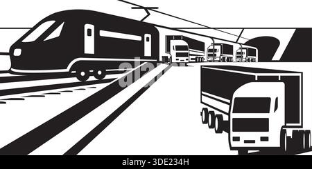 Lkw verlassen einen Güterzug zum Bahnsteig – Vektorillustration Stock Vektor