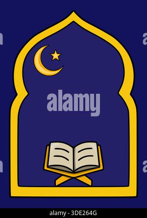 Islamische Vektor-Illustration mit einem Halbmond und Stern über einem offenen Koran auf einem Stand, eingerahmt von einem bogenförmigen Tor gegen einen tiefblauen Hintergrund Stock Vektor