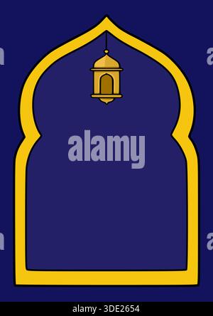 Eine minimalistische Vektor-Illustration eines traditionellen islamischen Bogens mit einer hängenden goldenen Laterne vor einem tiefblauen Hintergrund. Stock Vektor