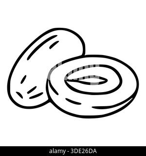 Minimalistische Vektor-Illustration einer ganzen und halbierten Dattelfrucht, die ihren Samen und ihre Textur zeigt. Stock Vektor