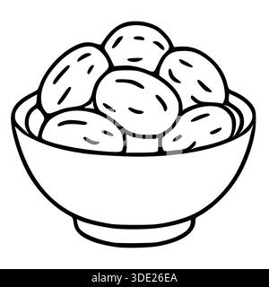 Eine einfache, saubere schwarz-weiße Vektor-Illustration einer Schüssel, die mit prallen Datteln überflutet wird, perfekt für Lebensmitteldesigns. Stock Vektor