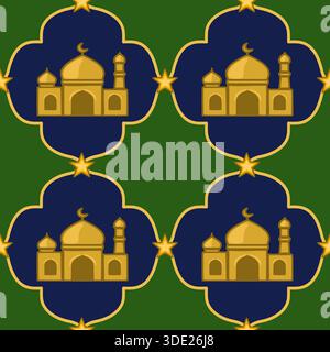 Nahtloses Vektormuster mit goldenen Moscheen mit Halbmond und Sternen auf einem dunkelblauen Hintergrund, eingerahmt von kunstvollen Goldborten und einem reichen gre Stock Vektor