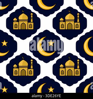 Nahtloses Vektormuster mit goldenen Moscheen und Halbmonden mit Sternen vor einem dunkelblauen Hintergrund, das Ramadan und islamische Kultur symbolisiert. Stock Vektor