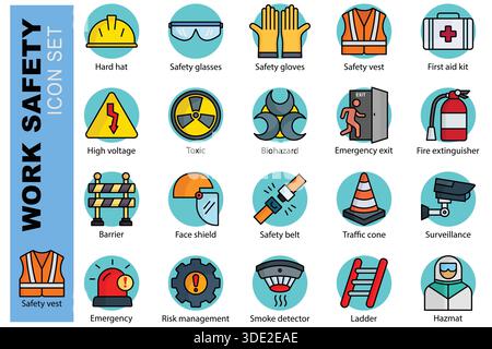 Symbolsatz für Arbeitssicherheit. Symbolstil für farbige Umrisse. Mit Icon Schutzhelm, Verbandskasten, Notausgang und mehr. Abbildung des Vektors des Sicherheitselements Stock Vektor