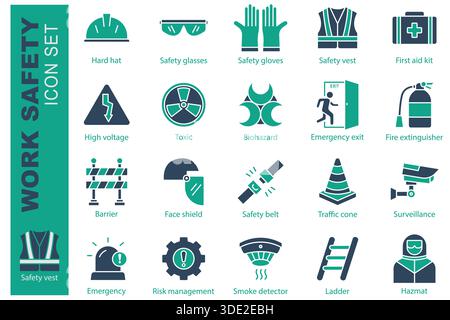 Symbolsatz für Arbeitssicherheit. Symbolstil durchgehend. Mit Icon Schutzhelm, Verbandskasten, Notausgang und mehr. Abbildung des Vektors des Sicherheitselements Stock Vektor