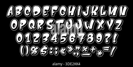 Zeichentrickschrift Graffiti oder Urban Street Art Schriftzeichen Buchstaben, Vektor Englisch Alphabet. Zeichentrickschrift mit Graffiti-Hip-Hop-Schriftart mit Grunge-ABC-Buchstaben an der Wand in abgerundeter Form für Old-School-Schriftart Stock Vektor