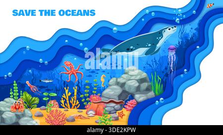Retten Sie das Papier geschnittene Banner der Ozeane mit Meerestieren und Fischen, Vektor-Unterwasserlandschaft. Schützen Sie die Natur des Ozeans und schützen Sie die Meeresumwelt mit Tintenfisch, Robbe und Krabben in Papierwellen Stock Vektor