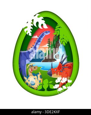 Papier geschnittenes Dino-Ei mit lustigen prähistorischen Dinosauriern. Grüner Dinosauriereiausschnitt mit prähistorischer Szene mit blauem Sauropoden, roten triceratops und Baby-Dinosaurier-Schlüpfen Stock Vektor