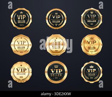Bestseller- und vip-Verkäufer goldene Vektorsiegeletiketten, Garantiestempel mit Lorbeerkranz, königliche Krone, Sterne und geprägte Rahmen. Premium-Markenzeichen für Verkäufer, Geschäftszertifikat, Produktprämienetiketten Stock Vektor