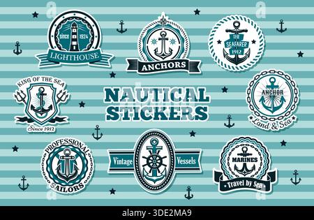Nautische und marineblaue Vektoraufkleber mit Schiffsankern, Lenkrädern, Leuchttürmen, Matrosenwappen, dekorativen Seilrahmen und -Bändern, Leuchtturm mit Wellen, überkreuzte Dreizacken und Ketten Stock Vektor