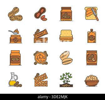 Erdnussnahrung und Butterlinie Symbole von Erdnussprodukten Arachis, Vektorpiktogramme. Erdnussgerichte und -Snacks in der Farblinie mit Nussöl und Butter auf Sandwich, gerösteten und geschälten Erdnüssen Stock Vektor