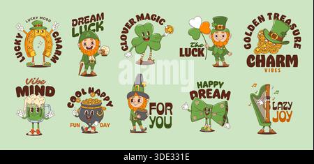 Lustige Kobold- und St Patrick Day y2k-Aufkleber mit Klee, grünem Bier, goldenen Töpfen, Shamrocks, verspielten Charakteren für festliche Karten, die irische Kultur und glückliche Retro-Vibes zelebrieren Stock Vektor