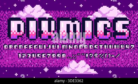 Pixel Art Schriftart, Retro 8 Bit Game Type Alphabet. Alte digitale Schriftbuchstaben, Zahlen und Satzzeichen am Vektorhintergrund des Retro-Arcade-Spielraums lila Pixel Himmel und Wolken Stock Vektor