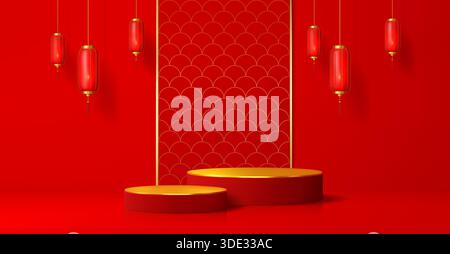 3D asiatische Vektorpodium-Bühnen mit goldenen Oberflächentöpfen, roter chinesischer Laterne, rundem Stand und Wand mit goldenem Ornament verziert. Produktpräsentation für das neue Jahr des Lunars, asiatischer Event-Podium Stock Vektor