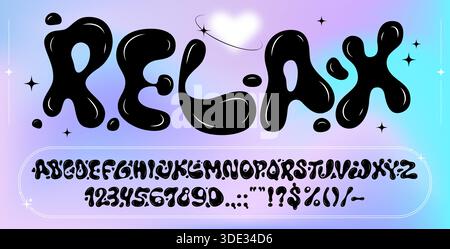 Schwarze flüssige Tintenblase, y2k funky Typ 3d wellenförmige Schrift, abstraktes Alphabet auf traumhaftem Pastellverlaufshintergrund. Vektor groovige psychedelische trippige Hippie Typ, Retro abc Buchstaben, Zahlen, Symbole Stock Vektor